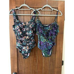 2 Women’s Sz 12 One Piece Swimsuits Longitude Firpearl Swimwear Summer Ruffles